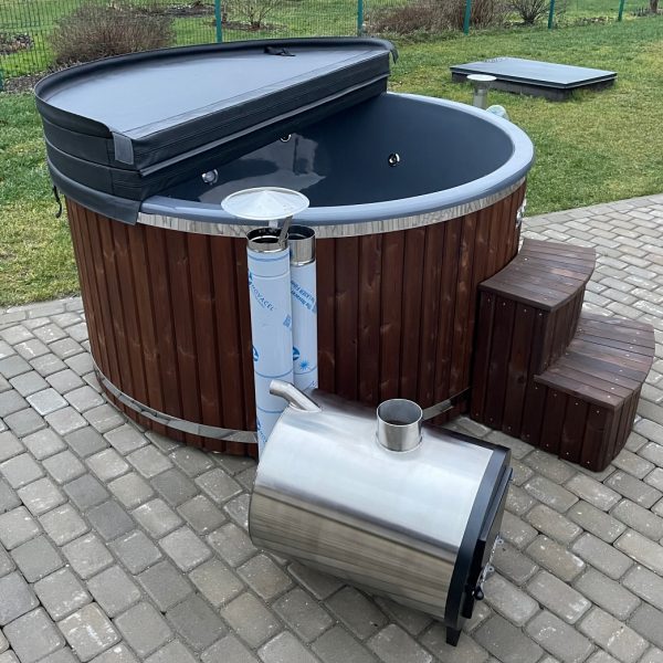 Hot tub with external stove, thermo-wood finish, equipped with hydromassage system
