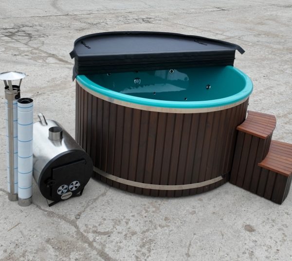Hot tub with external stove, thermo-wood finish, equipped with hydro and air massages