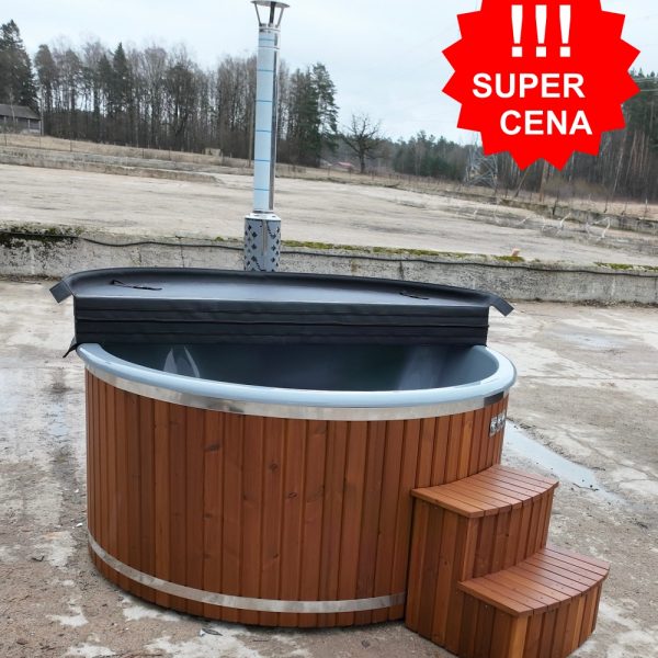 Hot tub with integrated stove, thermo-wood finish, equipped with hydromassage system