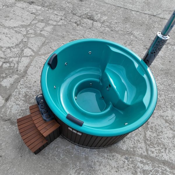 Hot tub with integrated stove, thermo-wood finish, equipped with hydromassage system