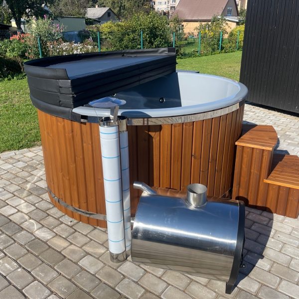 Hot tub with external stove, thermo-wood finish, equipped with hydro-massage and air-massage systems