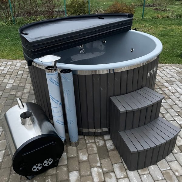Hot tub with external stove, thermo-wood finish, equipped with hydromassage system