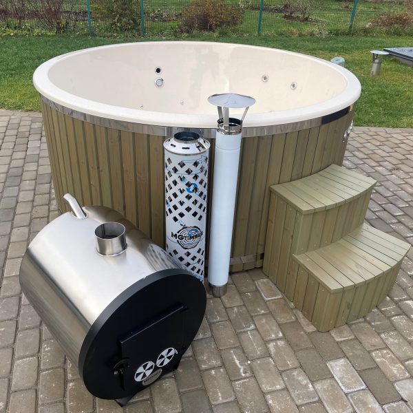 Large hot tub with external stove, thermo-wood finish, LED, hydro-massage and air-massage systems