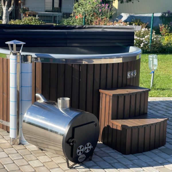 Hot tub with external stove, thermo-wood finish, equipped with hydromassage system