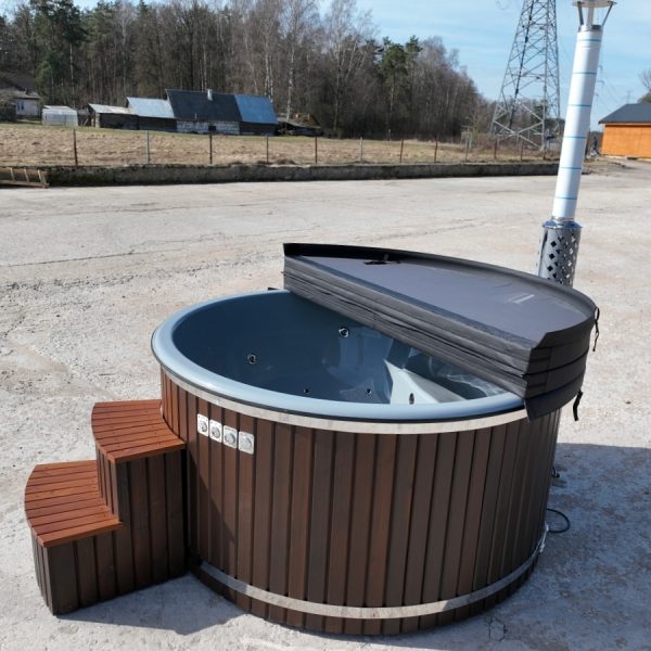 Hot tub with integrated stove, thermo-wood finish, hydromassage and air massage systems