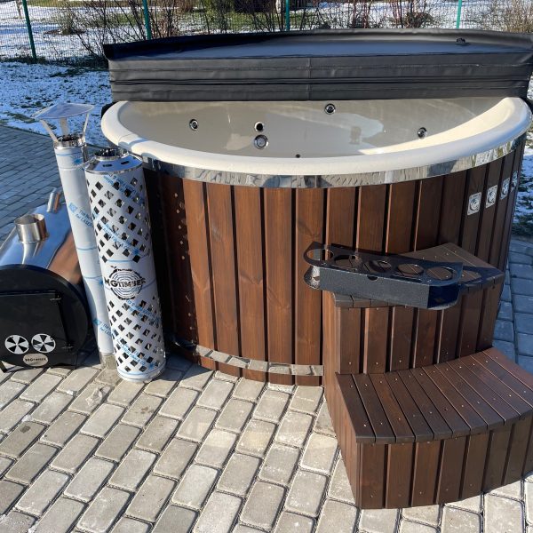Hot tub with external stove, thermo-wood finish, equipped with hydro and air massage systems
