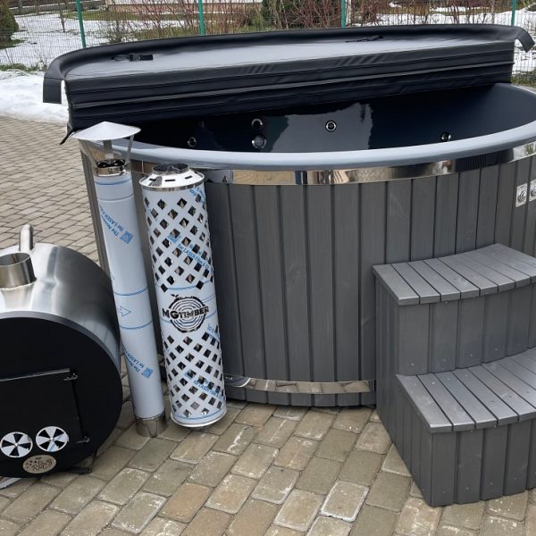 Large hot tub with external stove, thermo-wood finish, LED, hydro-massage and air-massage systems