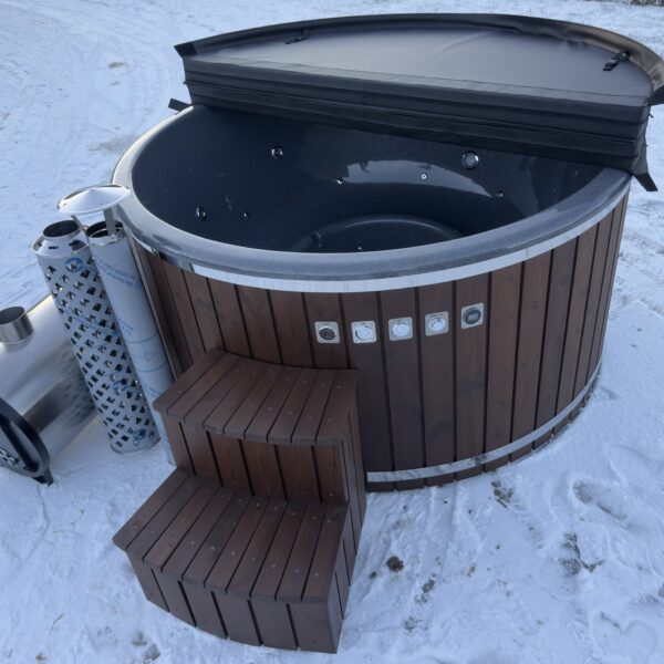 Tub with external stove, thermo-wood finish, equipped with hydro and air massage systems