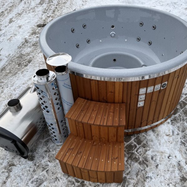 Premium hot tub with external stove, thermo-wood finish, equipped with hydro and air massage systems