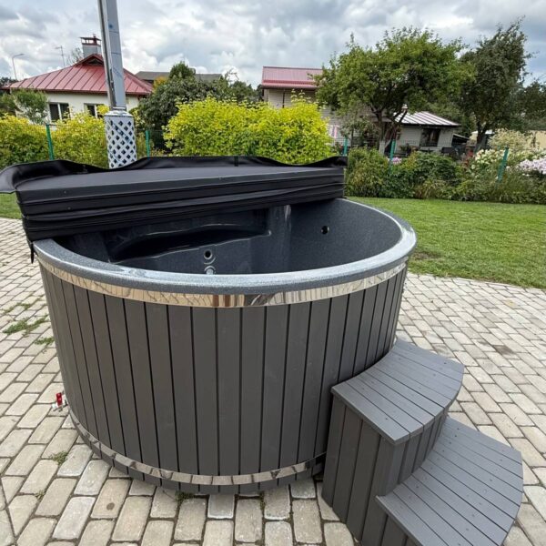 Stikla šķiedras kubls ar integrētu krāsni, hidromasāžu, LED un termokoka apdari