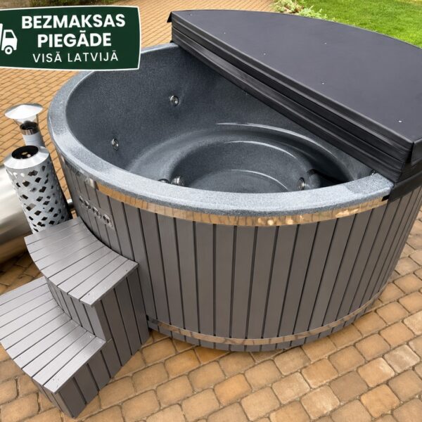 Stikla&scaron;ķiedras kubls &Oslash;2,25 m ar ārējo krāsni un hidromasāžu